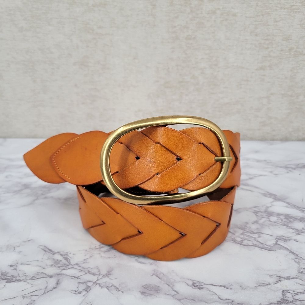 Miss Me Braided Woven Orangey Tan Leather Belt with Large Gold Toned Oval Buckle